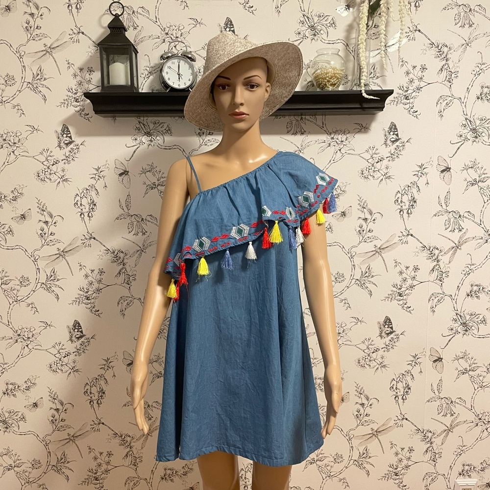 One-Shoulder Fringe Chambray Dress